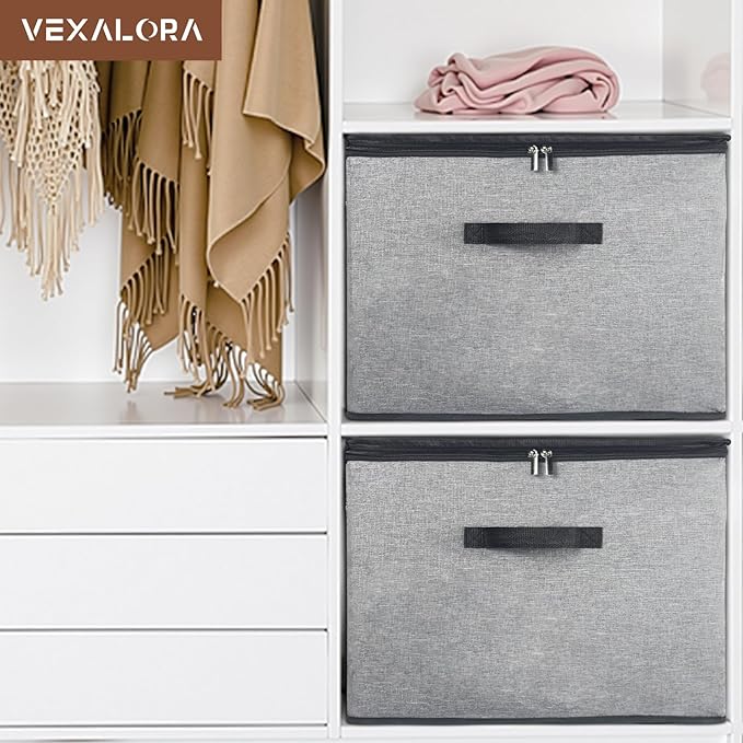Shoe Organizer Box 2 Pack, Shoe Storage Organizer with Clear Cover, Adjustable Dividers Fits 16-32 Pairs, Fabric Shoe Organizer for Closet, Grey