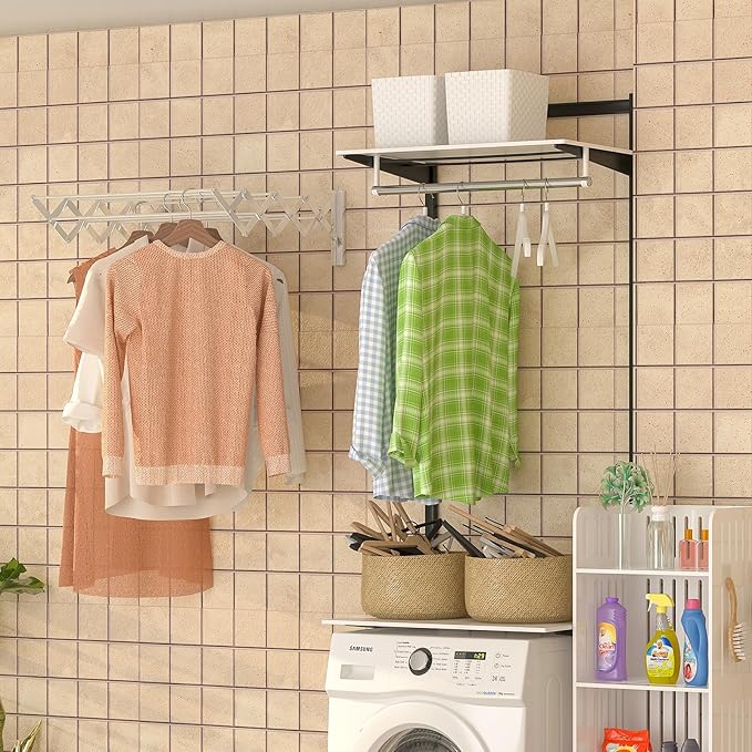 X-cosrack Wall Mounted Clothes Drying Rack, 31.9" Wide Large Rustproof Retractable Laundry Drying Rack, 8 Bar Space-Saving Aluminium Alloys Clothing Hanger Drying Racks forLaundry (Silver)