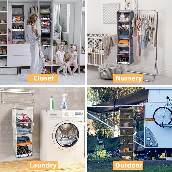 2 Packs Hanging Closet Organizer, 4-Shelf Closet Organizers and Storage with Side Pockets, Collapsible Hanging Shelves for Closet & RV & College Dorm,Grey