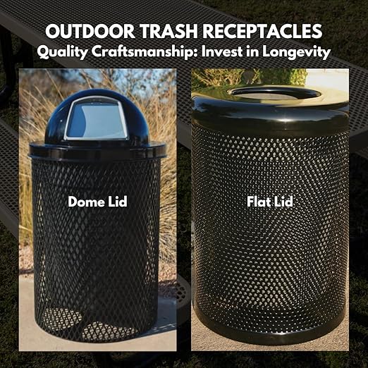COATEDOUTDOORFURNITURE RDT-DGRN Heavy Duty 32 Gallon Round Trash Receptacle, Liner Included, Dark Green with Black Dome, Made in America
