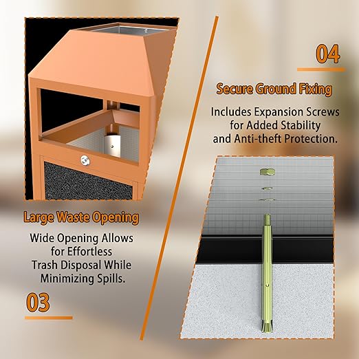 Commercial Metal Outdoor Trash Can with Lid, Lockable Outdoor Garbage Can with Nature Stone Panels, Heavy-Duty Rustproof Trash Bin with Removable Liner for Parks & Public Spaces