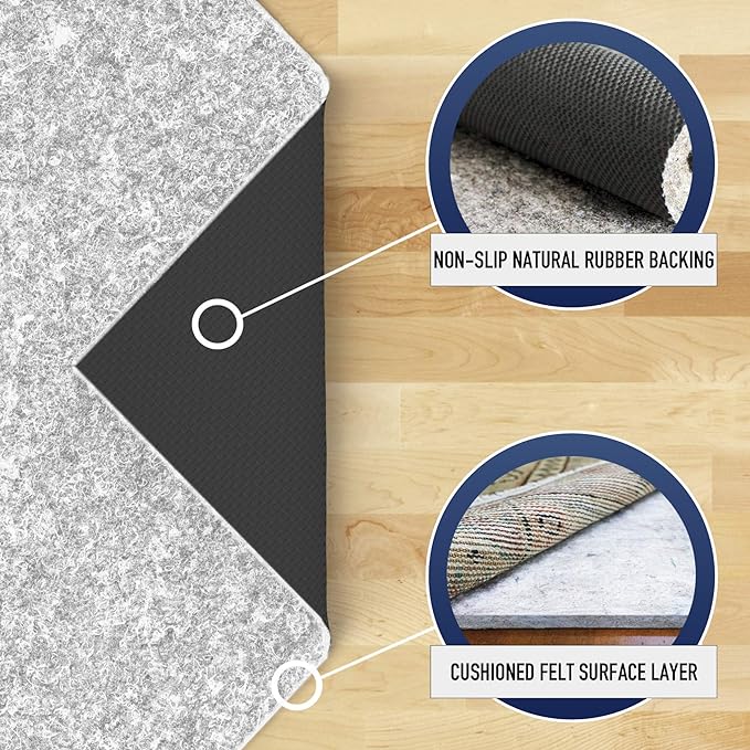 RUGPADUSA - Dual Surface - 12' Square - 1/4" Thick - Felt + Rubber - Non-Slip Backing Rug Pad - Safe for All Floors