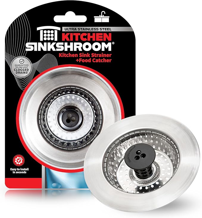 Kitchen SinkShroom Revolutionary Clog-Free Stainless Steel Sink Strainer, Chrome gray