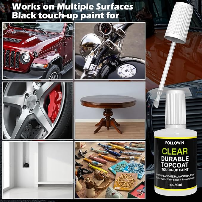 FOLLOWIN Automotive Clear Coat,Gloss Clear Finished Car Touch Up Paint,Use on Exterior & Interior Multi-Surface,Water Based Topcoat for Metal,Wood,Wall 1oz/30ml