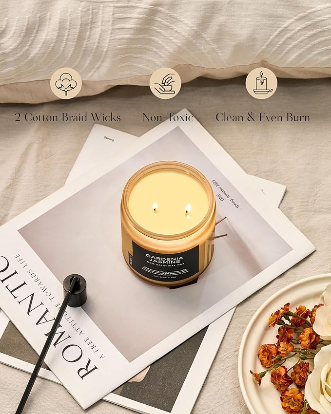 M&SENSE Gardenia Jasmine Scented Candle - 11.6oz Natural Soy Wax Clean Non Toxic 70-Hour Burn, 2-Wick Aromatherapy Candle for Bath & Office - Highly Scented Housewarming Gift for Mom Teacher Friends
