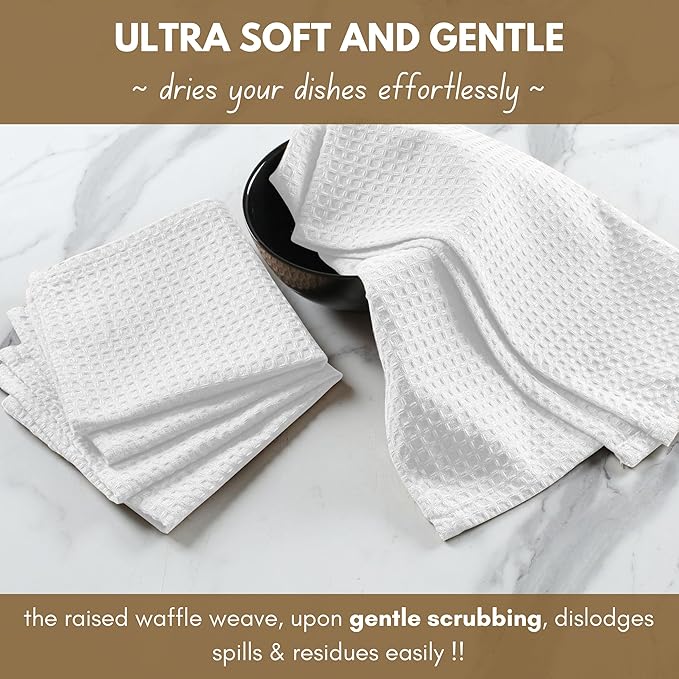 Native Fab Cotton Kitchen Towel with Hanging Loop 16x26 inches, 12-Pack, Waffle Weave Kitchen Towels for Cleaning Drying, Washcloths Soft & Absorbent Cloth Rags, Bar Towel, Dish Cloth, White