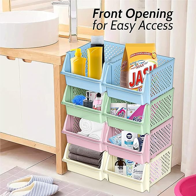 TidyFriend Plastic Stackable Storage Bins for Pantry - 8 Pack Stackable Bins for Organizing Food, Kitchen, and Bathroom Essentials (Multi)