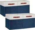 DULLEMELO 13 inch Cube Storage Bins, Gift Baskets Empty for Boy Girl Mother Father Christmas Festival,Fabric Storage Bins Cube Organizer Baskets With Leather Handles(White&Blue-4 Pack)
