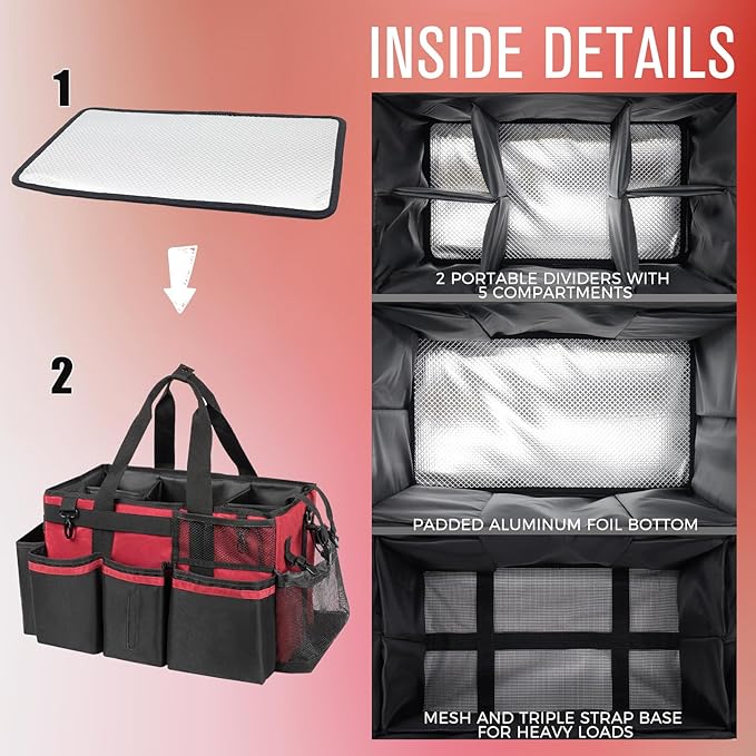 Wearable Cleaning Caddy, Cleaning Caddy Supplies Organizer with Handle & Shoulder Straps for Housekeepers, Under Sink & Car Cleaning Tool Organizers Bag with 4 Foldable Divider (Wine)