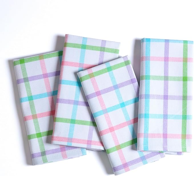 Native Fab Multi Color Checked Kitchen Towels Set of 4, 100% Cotton, 16x26 Inch Dish Cloth Set, Soft & Absorbent Tea Towels for Daily Cooking, Cleaning, Drying Dishes - Machine Washable Washcloths