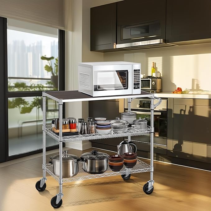 Finnhomy 3 Tier Heavy Duty Commercial Grade Utility Cart with Wood Top, Wire Rolling Cart with Wheels and Handle Bar, Kitchen Carts on Wheels, 18x36x35.4 H Metal Cart with 600 LBS Capacity, Chrome