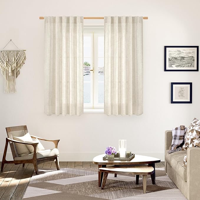 YoungsTex Linen Curtains 45 Inch Length for Kitchen Window, Cream Short Semi Sheer Drapes with Rod Pocket Back Tab Light Filtering Textured for Living Room Bedroom Bathroom, 2 Panels, 42 X 45 Inch
