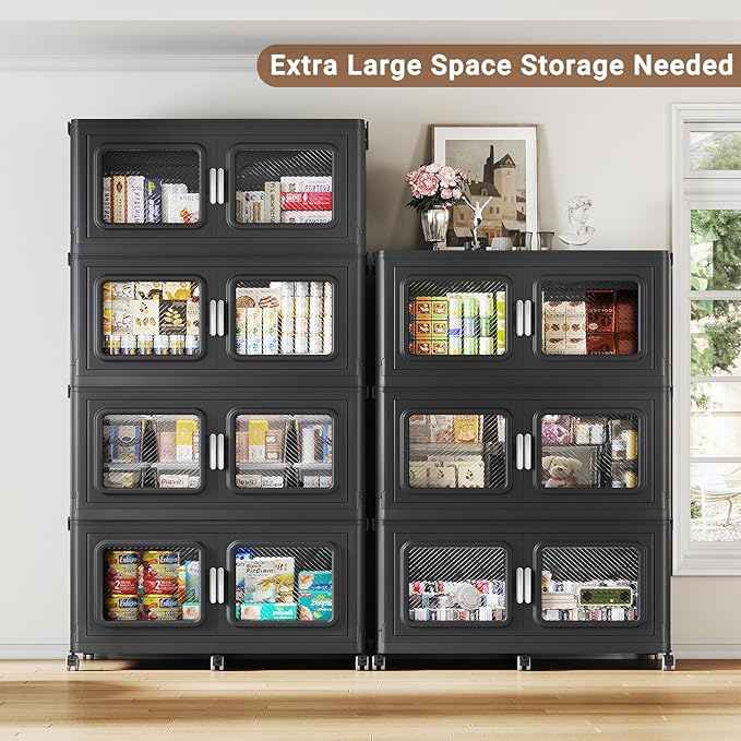 BROVIEW 220 Qt Stackable Storage Bin with Lids, 55Gal Extra Large Collapsible Storage Boxes, Folding Plastic Drawer, Heavy-Duty Store Cabinet, Closet Organizer for Home Kitchen, 1 Pack Black