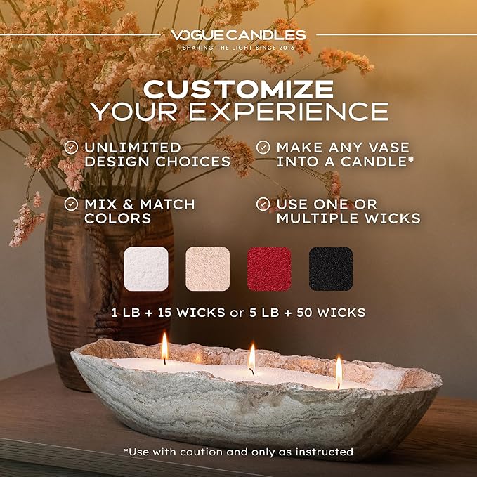 Vogue Candles 5LB Candle Sand with 50 Wicks | Bulk Refillable Plant-Based Granules for Custom Candle Making | Unscented, Clean Burn, Smoke-Free, Vegan Candle Refill Kit- Nude
