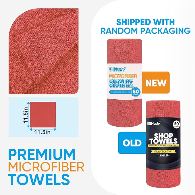 Microfiber Cleaning Cloth, 50 Sheets Shop Towels Commercial Grade Washcloths Lint-Free Clean Rags Bulk Towels for Cars Mechanic Restaurant Garage Housekeeping, 11.5"x 11.5", Red