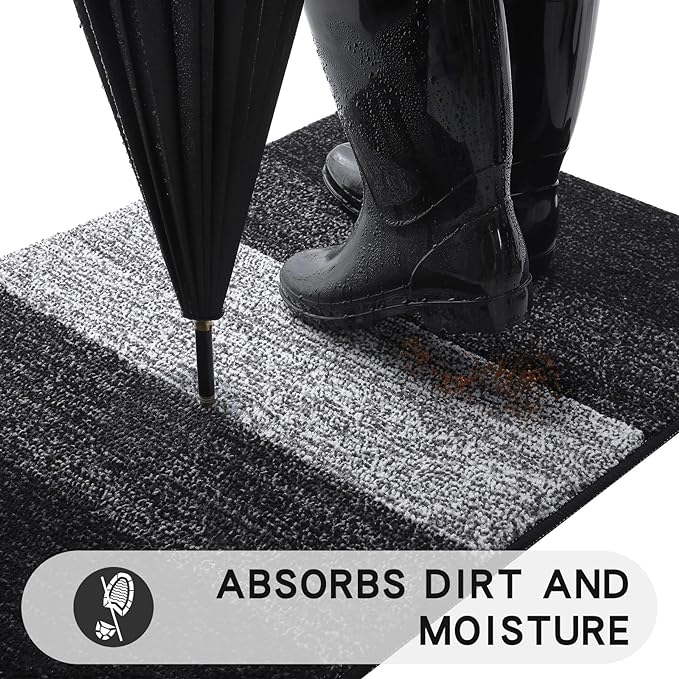 Kitinjoy Indoor Outdoor Door Mat, 40x32 Non-Slip Absorbent Dirt Trapper, Low-Profile Washable Inside Entrance Front Floor Mat, Sturdy Soft Entry Doormats for Entryway, Black