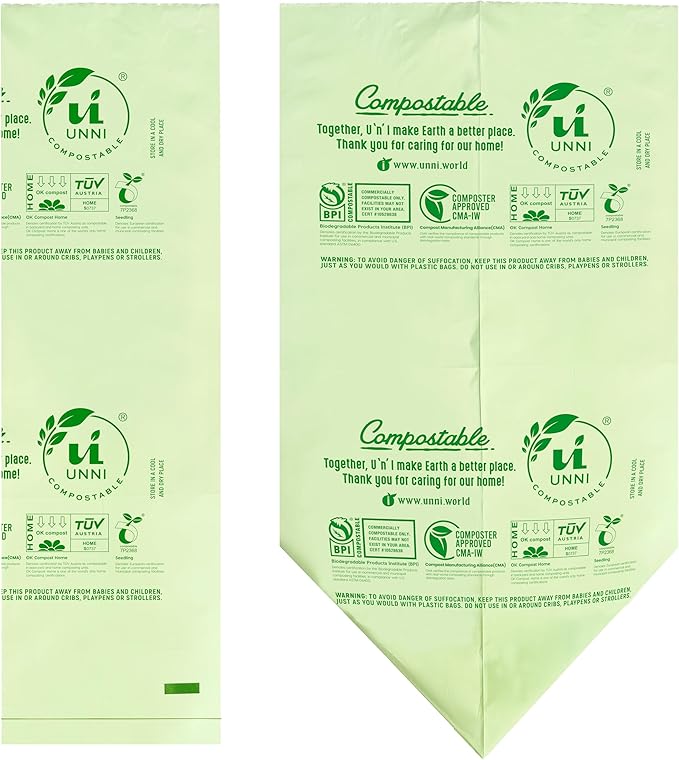 UNNI Compostable Trash Bags, 3 Gallon / 11.35 Liter, 600 Count Value Pack, Extra Thick 0.71 Mil Kitchen Food Scrap Bin Liners, Certified by BPI, CMA & OK compost HOME, Meets the ASTM D6400 Standard