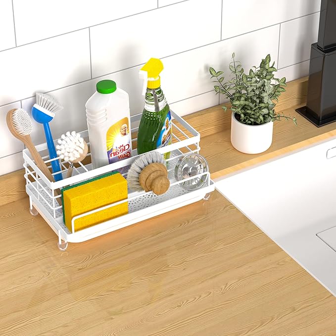 Cisily Sponge Holder for Kitchen, Sink Caddy Organizer, Kitchen Sink Accessories with Drip Tray, Rustproof and Non-Slip Kitchen Sink Sponge Holder, Kitchen Essentials for New Home（White）