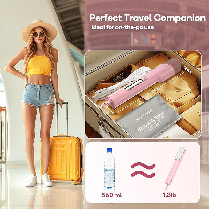 Newbealer 2in1 Travel Iron with Global Voltage, 100-240V Clothes Steamer, Dry Ironing & 2 Steam Levels, Non-Stick Ceramic Soleplate, Fabric Wrinkle Remover, Auto-off, Self Cleaning, No Clamp (Pink)