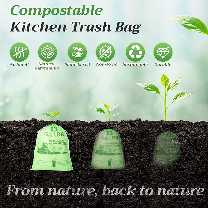 Amyhill 100 Count Compostable Kitchen Trash Bags 13 Gallon Compostable Drawstring Kitchen Waste Garbage Bags 49.2 Liter, 1.575 Mil for Bathroom Home Bedroom Office Garbage