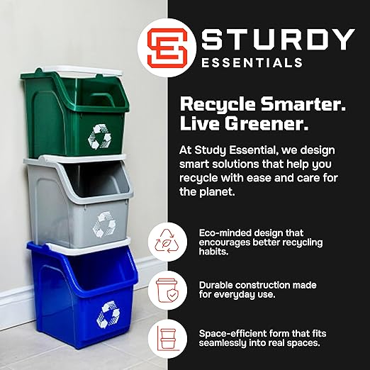 Multi Bin Recycling System with Nine Stackable 6 Gallon Recycle Bins to Build Your Recycling Center for Offices, Kitchen, Garages, Businesses (9 Pack, Blue/Yellow/Green)