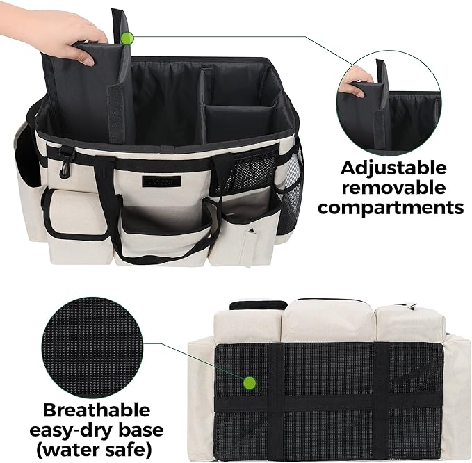 Cleaning Caddy Organizer with Handle - Large Caddy Bag for House & Bathroom Cleaning Supplies, 15 x 8 x 10.5 inches Cleaning Supply Caddy, Housekeeping Tote with Adjustable Strap - Beige