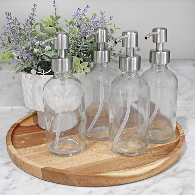 Cornucopia Brands 8-Ounce Clear Glass Boston Round Bottles w/Stainless Steel Lotion Pumps (4-Pack); Empty Refillable Liquid Soap & Lotion Bottles