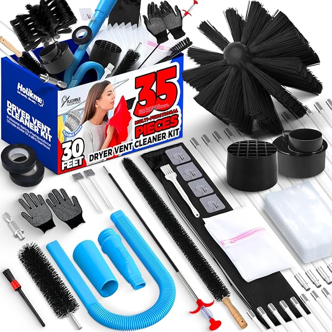 Holikme Dryer Vent Cleaner Kit, Include 30Feet Dryer Vent Cleaning Brush, Dryer Lint Vacuum Attachment, Lint Brush & Dryer Adapters, Blue