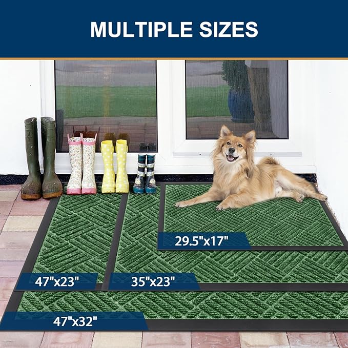 Smiry Front Door Mat Outside Entrance, Heavy Duty Outdoor Indoor Natural Rubber Doormat, Non Slip, Trap Dirt and Moisture, Easy Clean, Low Profile Patio Porch Entryway Mat, 47x23, Green