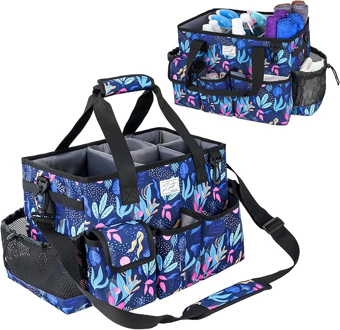 Cleaning Organizer, Large Caddy Bag for Supplies, Housekeeper's Bag with Handle (Blue Leaf)