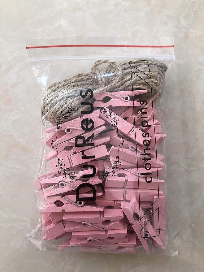 DurReus Tiny Clothes Pins Colorful Hang Up Photographs Drawings Party Clips Decor Baby Shower Game with Twine Pack 50 Pink