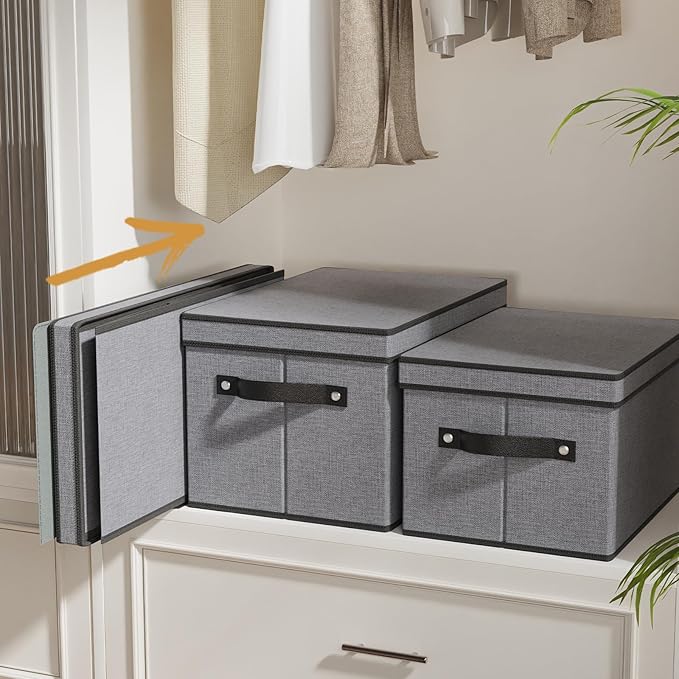 Storage Boxes, 15 x 9.8 x 8.3 Inch Baskets for Organizing with Lids, Fabric Bins with Handles, Decorative Linen Closet Organizers, Gray, 3 Pack