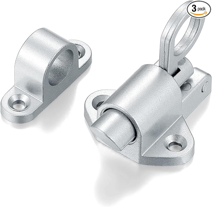 3 Packs Self-Closing Latches，Silver Gray Spring Door Lock，Resilient Bolt Latch Aluminum Alloy Safety Automatic Spring Barrel Slide Door Lock with Screws,Used for Gate,Window and Cabinet etc