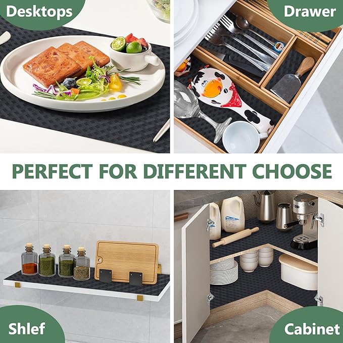 Shelf Liners, Non-Adhesive Drawer Liner, Waterproof & Oil-Proof Kitchen Cabinet Cupboard Liner Plastic EVA Material BPA Free Fridge Liner Mats Paper Protector for Shelves (Black/12in x 240in)