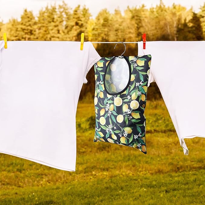 2 Pcs Lemon Clothespin Bag With Hanging Hook - 15 X 11 Inch Laundry Canvas Clothes Pin Holder, Waterproof Storage Organizer With Large Opening