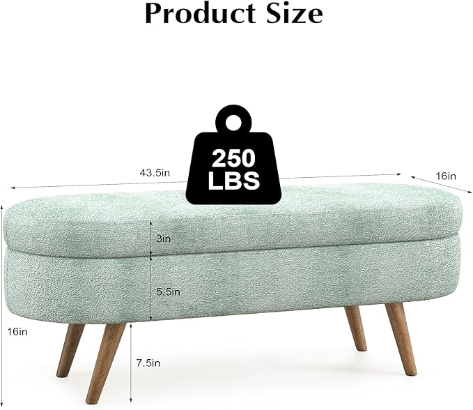 Storage Bench, 43" Storage Ottoman Bench, Shoe Storages Benches for Bedroom, Upholstered Entryway Benches with Seating, Rubber Wood Legs for Bedroom, Living Room, Entryway, Bed Side, Cyan