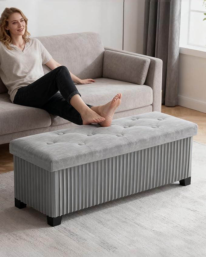Storage Ottoman Bench, 43 Inch Foldable Ottoman with Legs, Velvet Foot Rest Stool, End of Bed Bench, Storage Chest for Living Room, Bedroom (Grey)