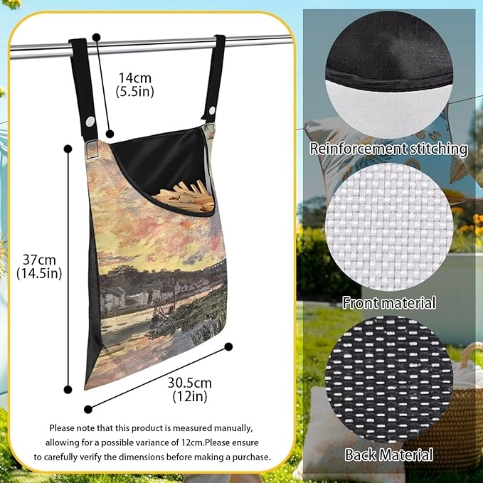 All-Weather Clothespin Holder Bag - Bennecourt, Soleil Couchant Durable Outdoor Storage Solution for Clothes Pins - Features Windproof Design & Secure Snap Closure - 14.5"x12" Size