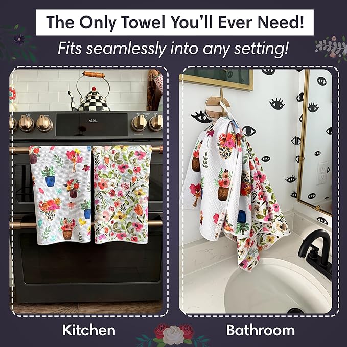 2 Double Sided Microfiber Hand Towels, 17x27 Inches Waffle Design Kitchen Towels Set, Durable & Soft Fast Drying Hand Wash Cloth, Everyday Use Dishcloth at Home (Petal Lane/Posey)
