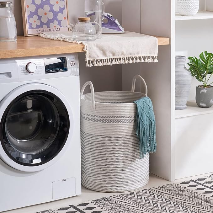 YOUDENOVA Woven Rope Laundry Hamper Basket, 58L Tall Luandry Basket, Baby Nursery Hamper for Blanket Storage, Clothes Hamper for Laundry in Bedroom-Large-Stripe White