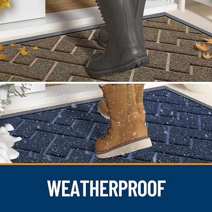 OLANLY Front Door Mat Indoor Outdoor Entrance, Waterproof All-Season, All-Weather Doormat, Sturdy Natural Rubber, Low Profile, Easy Clean Patio Porch Entryway Mat, Herringbone Brick (Blue, 47x32)