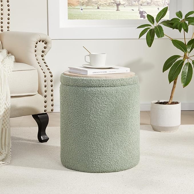 Boucle Round Ottoman with Storage Set of 2,Small Foot Stool Ottoman for Living Room,Small Coffee Table, Vanity Stool with Storage for Bedroom, Green