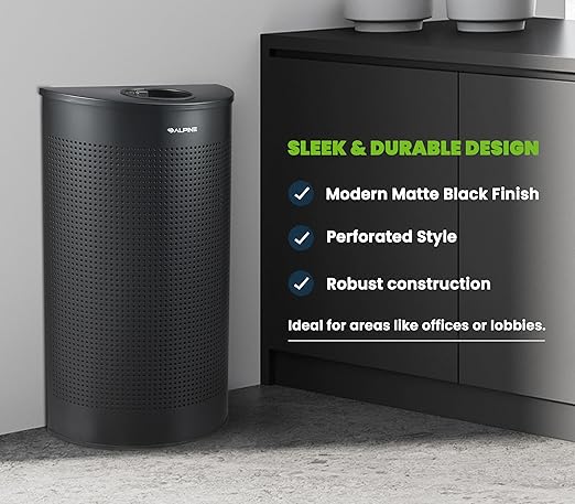 Alpine Half Round Trash Can Open Top - Modern Black Metal 12 Gallon, Space Saving Indoor Commercial Trash Can, Narrow Garbage Can for Bathroom, Office, Lobby and Business.