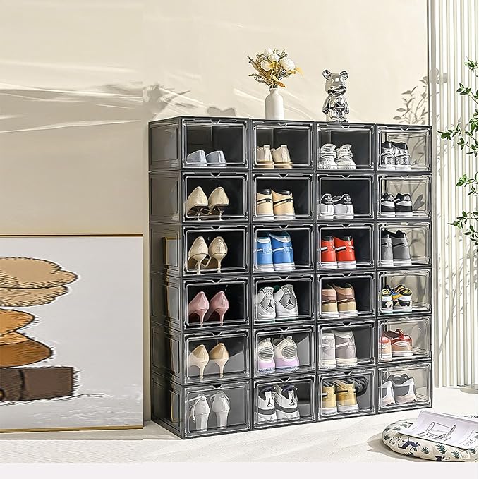 XXL Drop Front Shoe Storage Box Stackable, 8 Pack Shoe Display Case Fit US 15,Sneaker Storage Shoe Containers with Magnetic Door（8 PACK BLACK