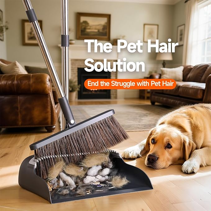 Broom and Dustpan Set for Home, Extra Brush Head & 51.6" Adjustable Long Handle, with Comb Teeth for Pet Hair, Lightweight Indoor Sweeping Kit for Hardwood Floor