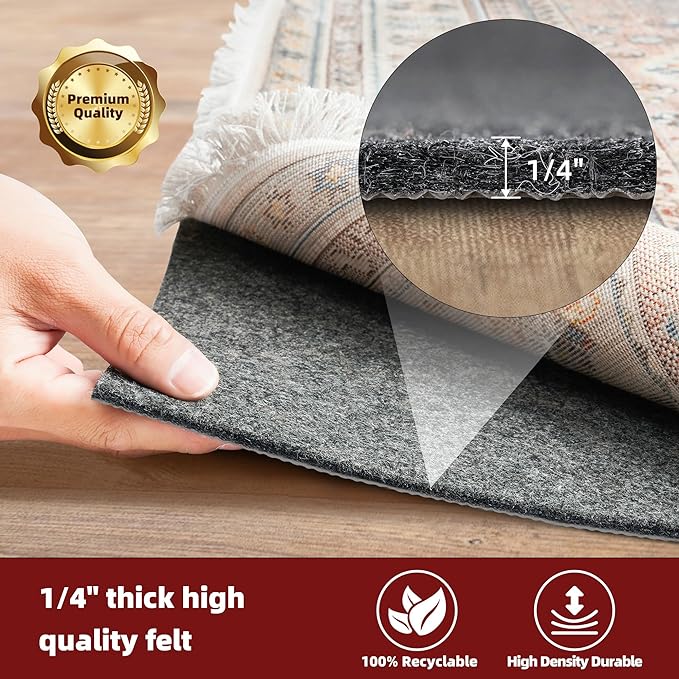 BAGAIL Felt and Natural Rubber Backing Rug Pads 1/4” Thick, 2 x 10 Ft Non Slip Carpet Gripper Keep Rugs in Place, Under Area Rug Protective Cushioned Pads, Carpet Runners, Hardwood Floors Protection
