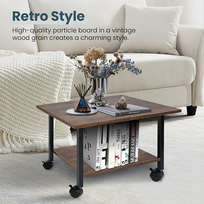 Printer Stand with Storage Under Desk Shelf, Desktop Printer Stand Organizer, Rolling Printer Cart Storage Paper Files Holder for Desk, Office, Home, (Rustic Brown)