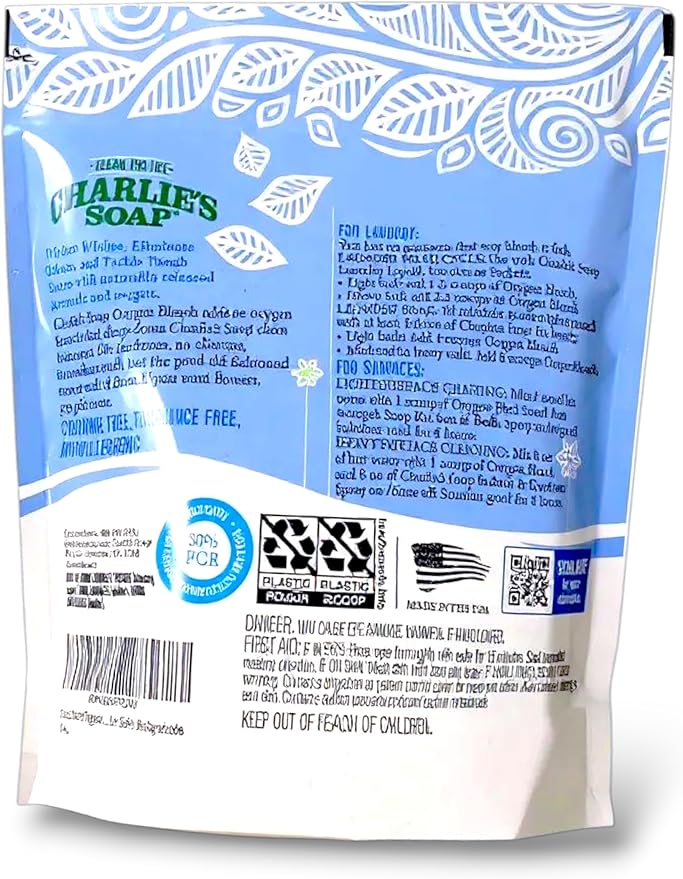 Charlie’s Soap Oxygen Bleach Powder – Chlorine-Free Laundry Whitener & Stain Remover – 4 lb Bag (120 Loads) – Fragrance-Free, Color-Safe, Biodegradable