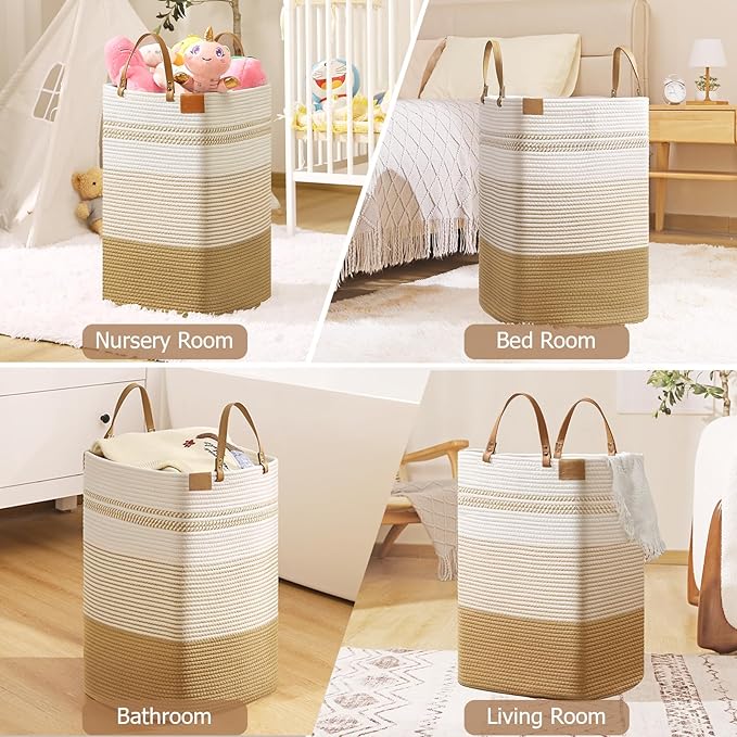 danpinera Large Laundry Hamper – 75L Tall Woven Cotton Storage Basket with Leather Handles, Slim Dirty Clothes Hamper, Decorative Storage Basket for Blanket,Toys White & Jute