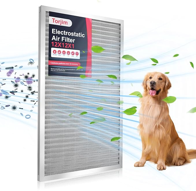 Torjim 12x12x1 MERV8 Washable & Reusable Electrostatic Air Filter - AC/HVAC Furnace Filter, Permanent, Easy Install